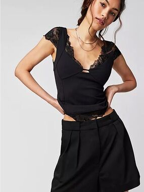 Free People Black Lace-Trim V-Neck Cap Sleeve Top